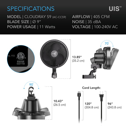 AC Infinity Cloudray 9" Oscillating Clip Fan - S9