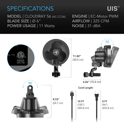 AC Infinity Cloudray 6" Oscillating Clip Fan - S6 Gen2