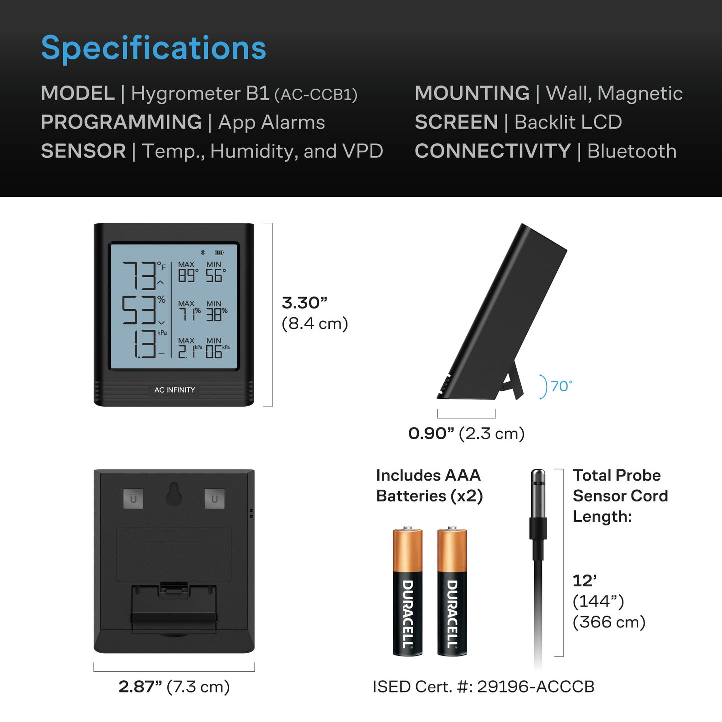 AC Infinity Smart Thermometer-Hygrometer B1 with 12' Sensor