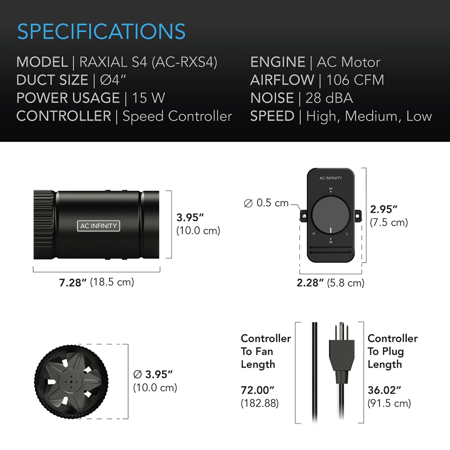AC Infinity 4" Raxial S4 Inline Booster Duct Fan